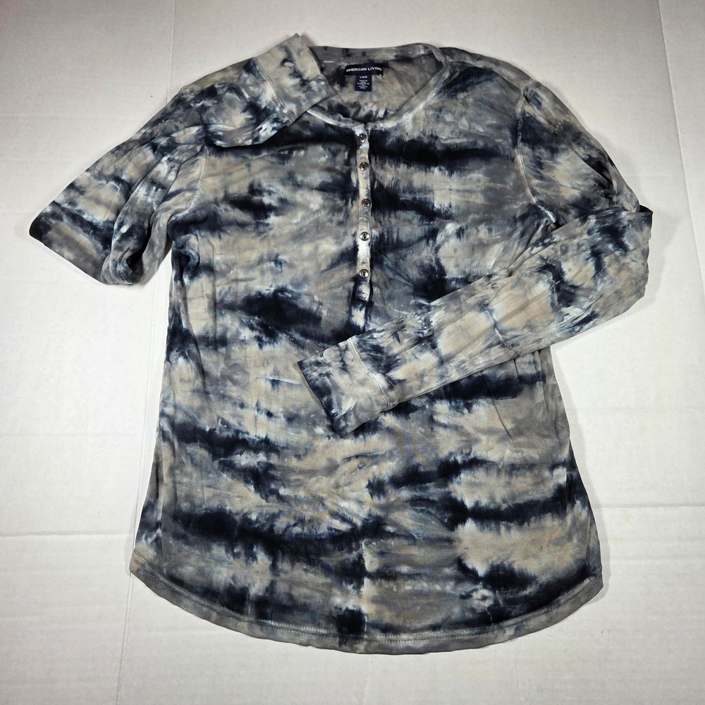 American Living Womens Large Tie Dye Henley Top Long Sleeve Cotton Rib Knit Blue